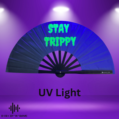 Handfächer XL–Stay Trippy–großer faltbarer Handfächer aus Bambus Holz-stabiler Hand Fan mit UV Glow–für EDM, Rave, Pride,Techno, Rave und Festival Accessoires
