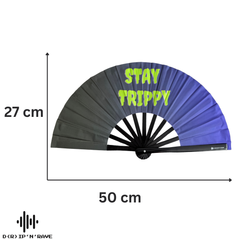 Handfächer XL–Stay Trippy–großer faltbarer Handfächer aus Bambus Holz-stabiler Hand Fan mit UV Glow–für EDM, Rave, Pride,Techno, Rave und Festival Accessoires